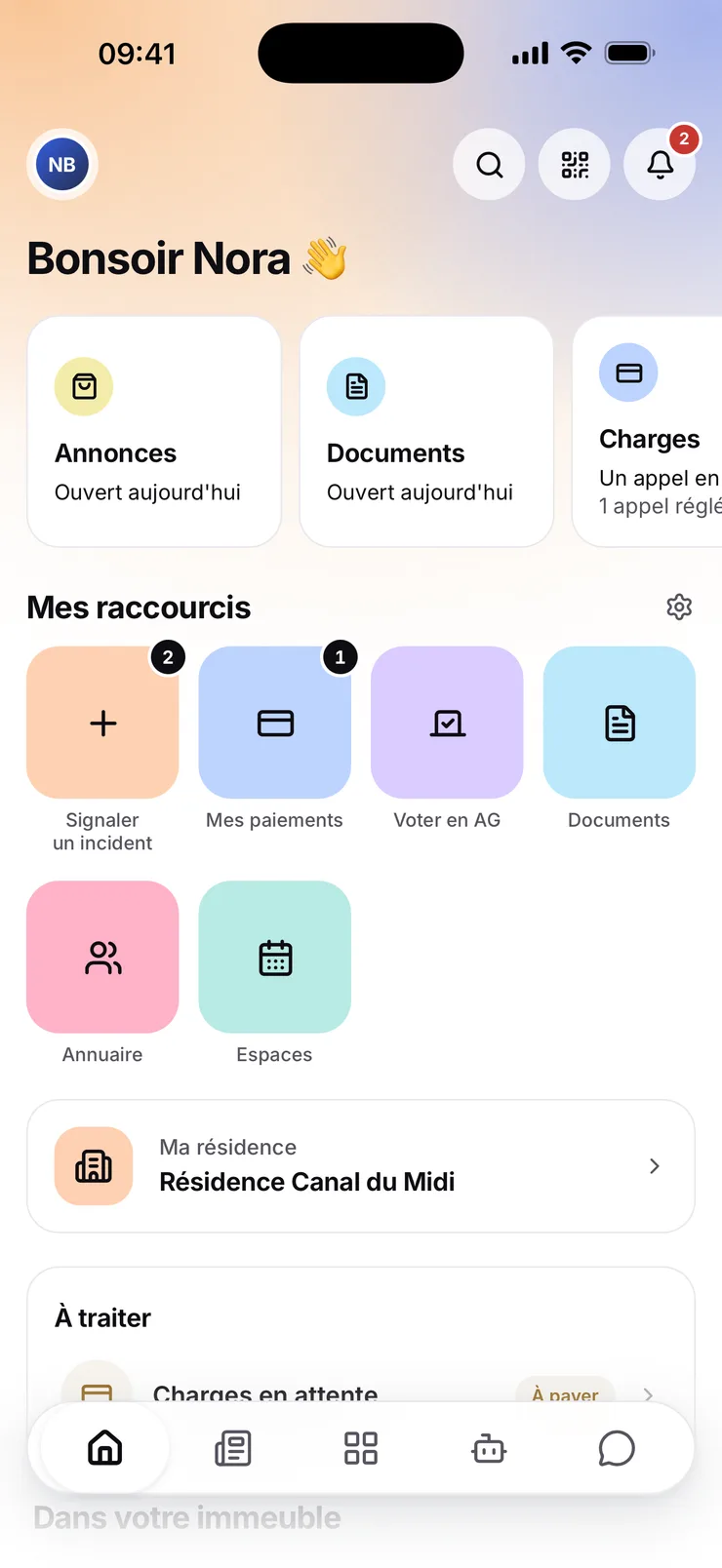 Kopro resident app home: shortcuts for charges, incidents, general-meeting voting, documents and directory